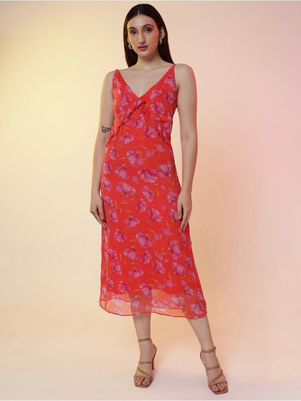 Bila Red and purple Floral Slip Midi Dress